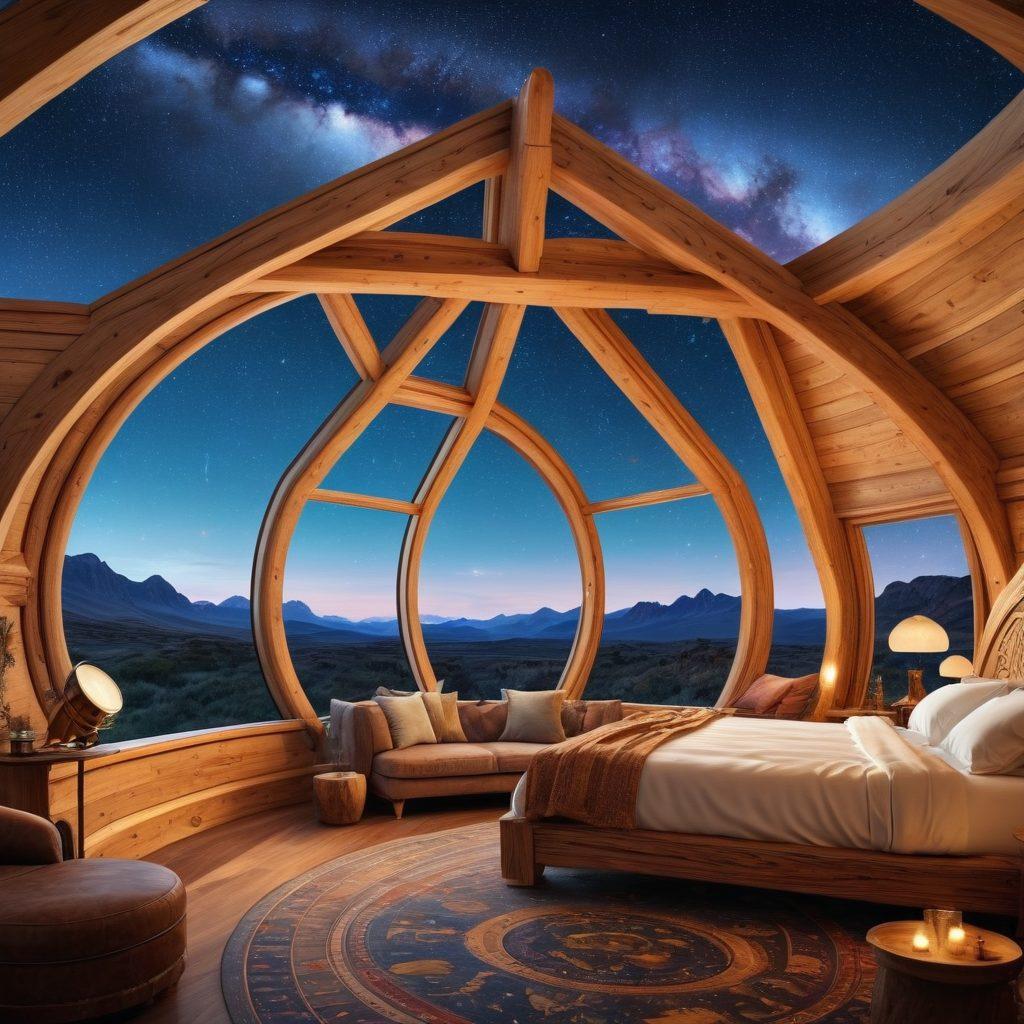 A breathtaking celestial landscape featuring a luxurious, astrology-themed lodge under a starry night sky. Incorporate zodiac signs carved into wooden elements, with a telescope pointing at a luminous galaxy, and soft glowing lights illuminating the surroundings. The lodge should exude a sense of elegance and comfort, inviting viewers to explore the cosmos. Dreamy and whimsical atmosphere, with vibrant colors and intricate details. super-realistic. vibrant colors. 3D.