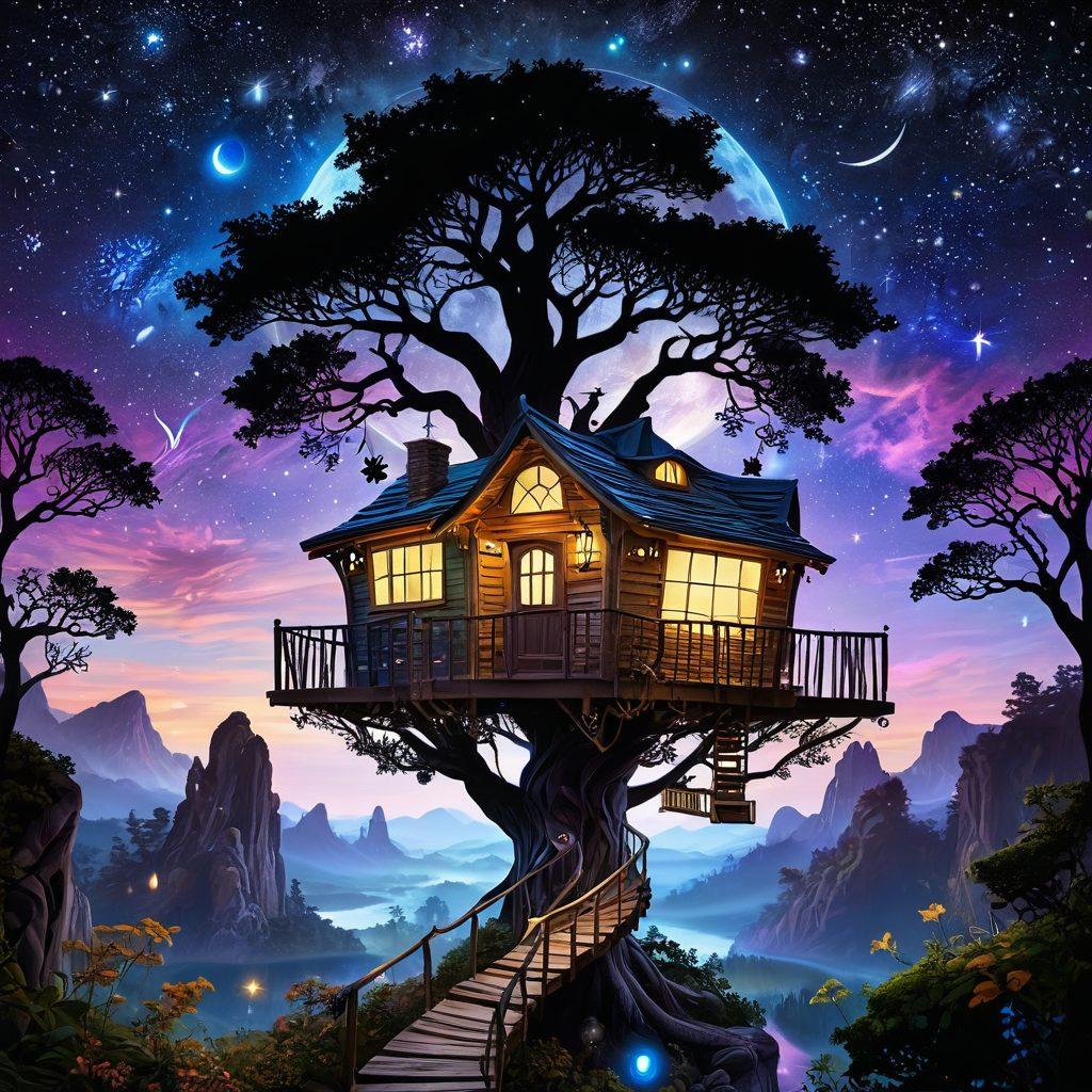 A whimsical landscape featuring enchanting lodgings inspired by astrology, such as a celestial-themed treehouse with starry decorations and planetary motifs. Include a night sky filled with bright constellations and planets, accompanied by lush, dreamy surroundings. Capture a sense of wonder and adventure, inviting viewers to explore the cosmic charm. vibrant colors. fantasy art. dreamy atmosphere.